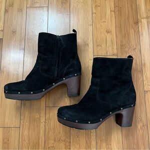 Clarks Ledella Abby Black Studded Clog Boots with Block Heel - Wool Blend Lining